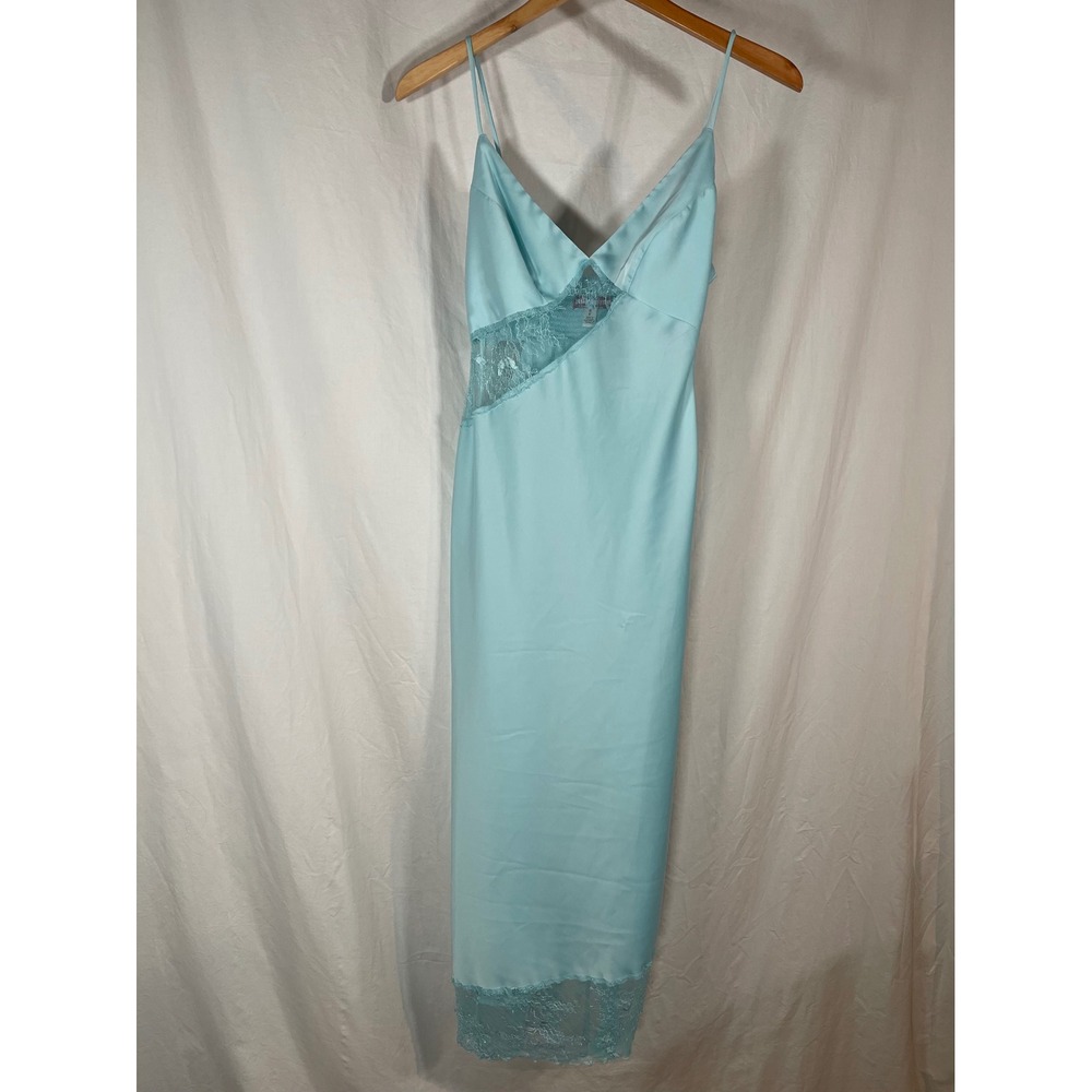 Urban Outfitters Light Blue Satin Lace Trim Midi Slip Dress Small Smocked Back